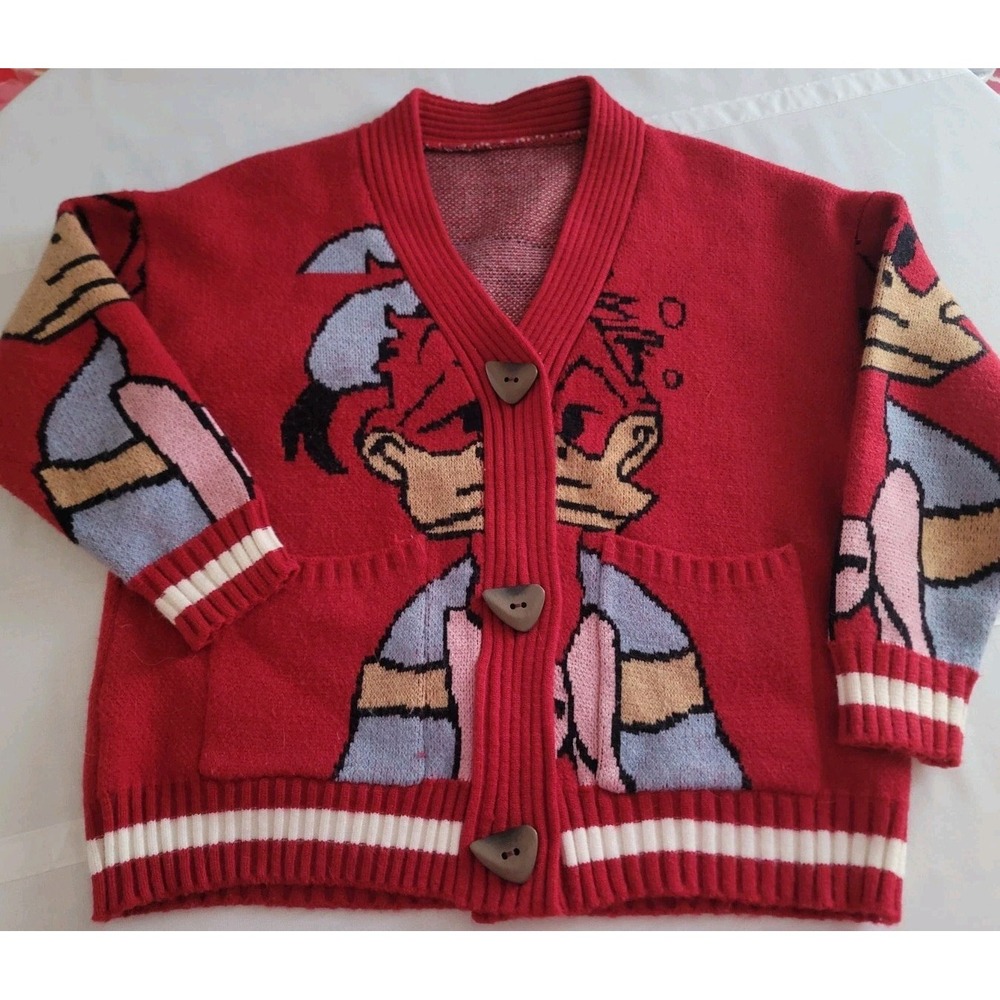Love Dock Donald Duck Cardigan Sweater Womens Large Red Disney Graphic Button